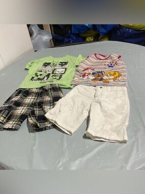 Gymboree Lime Green Tee with Navy & Tan Plaid Shorts 1034